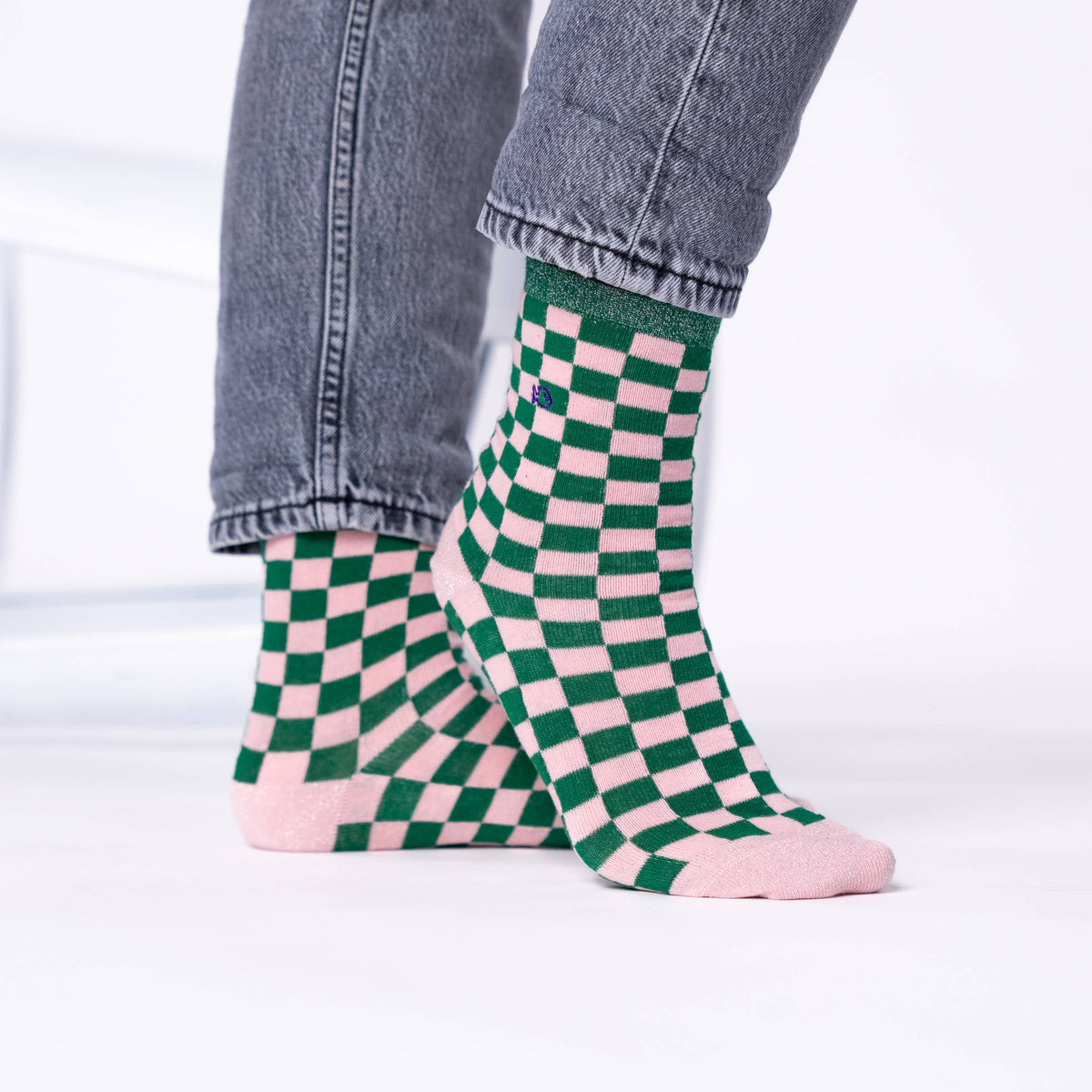 Chaussettes en coton peigné carreaux - Vert et rose: Taille unique: 37/40 — vue 5 sur 5