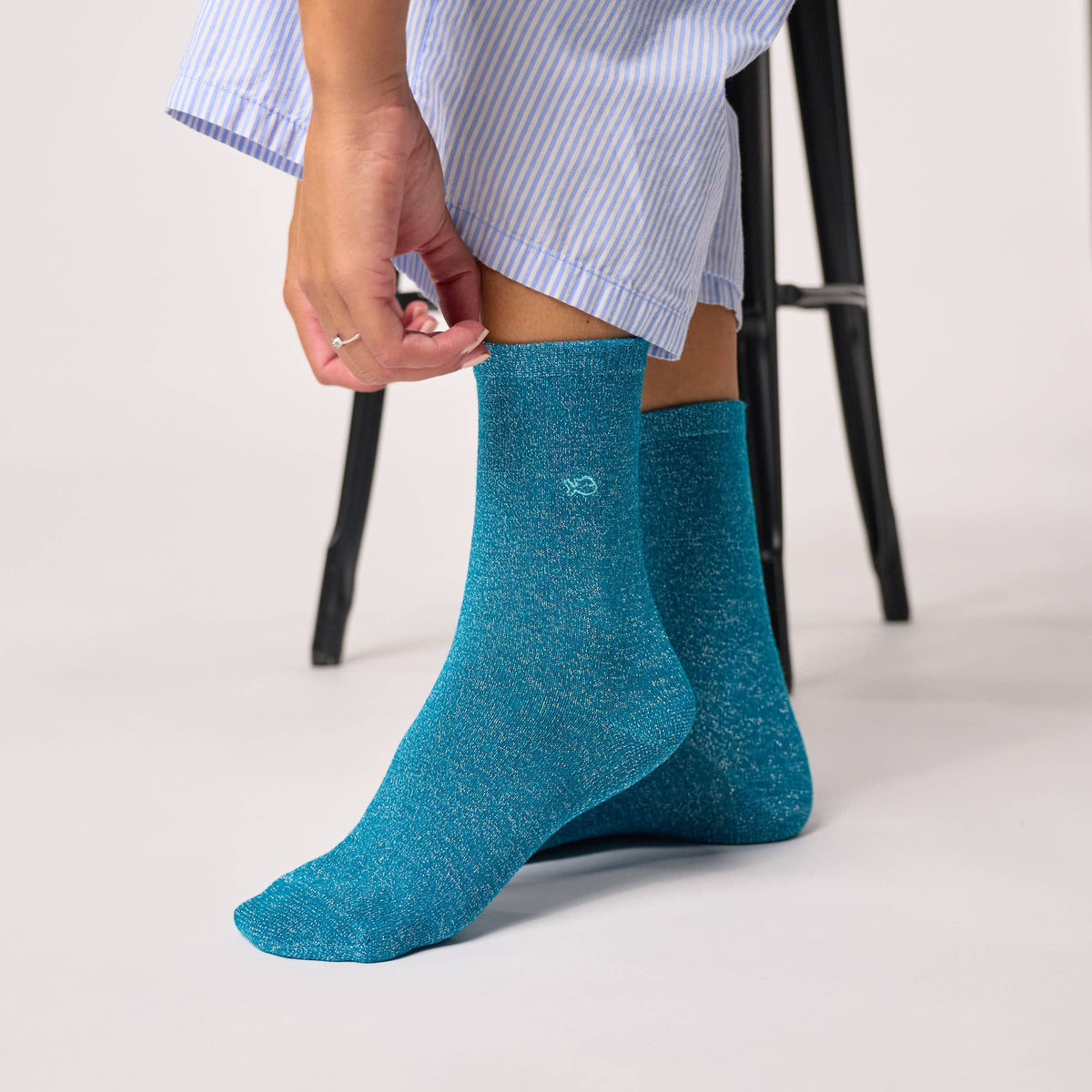 Chaussettes pailletées en coton peigné unies - Bleu canard: Taille unique: 37/40 — vue 2 sur 4