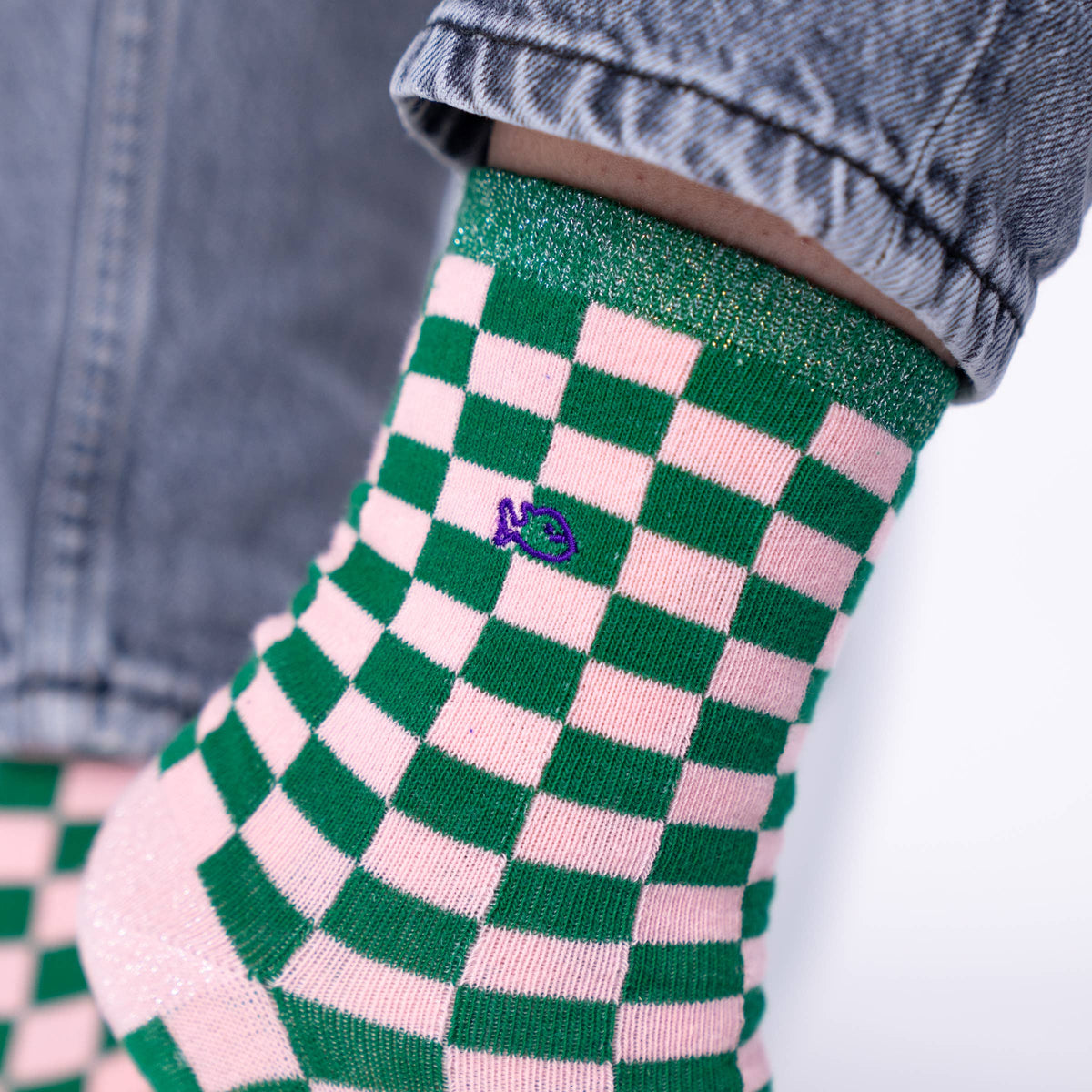 Chaussettes en coton peigné carreaux - Vert et rose: Taille unique: 37/40 — vue 3 sur 5