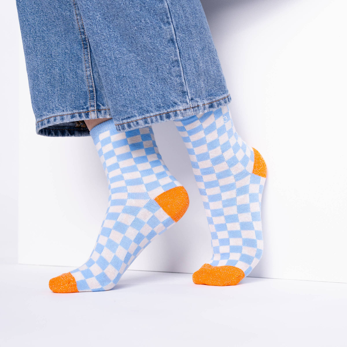 Chaussettes en coton peigné carreaux - Bleu clair et beige: Taille unique: 37/40 — vue 5 sur 5