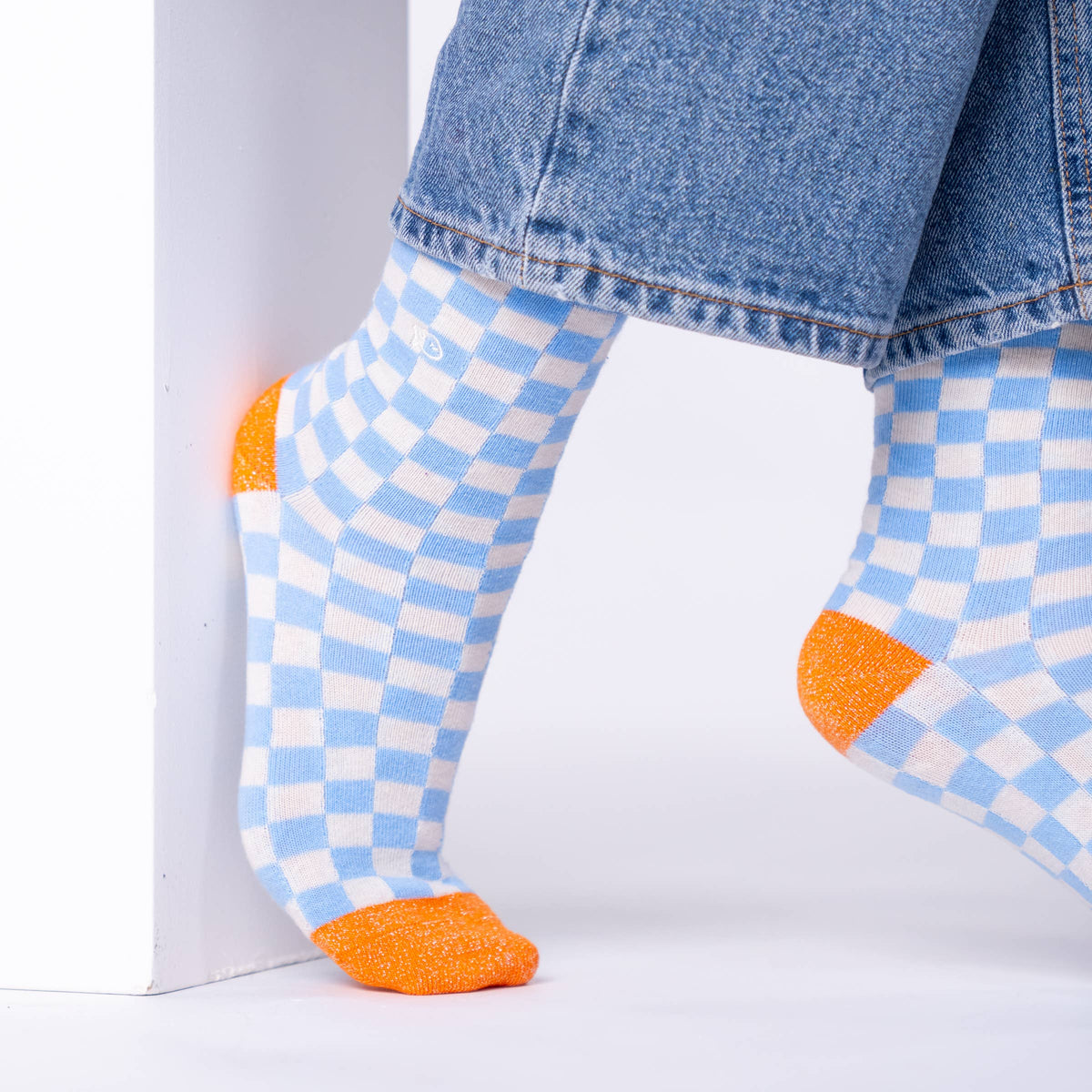 Chaussettes en coton peigné carreaux - Bleu clair et beige: Taille unique: 37/40 — vue 4 sur 5