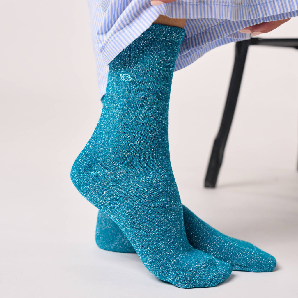Chaussettes pailletées en coton peigné unies - Bleu canard: Taille unique: 37/40 — vue 4 sur 4