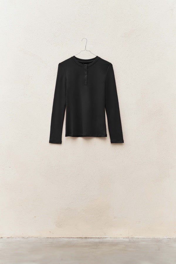 Top manches longues noir LC240132 à encolure ronde boutonnée